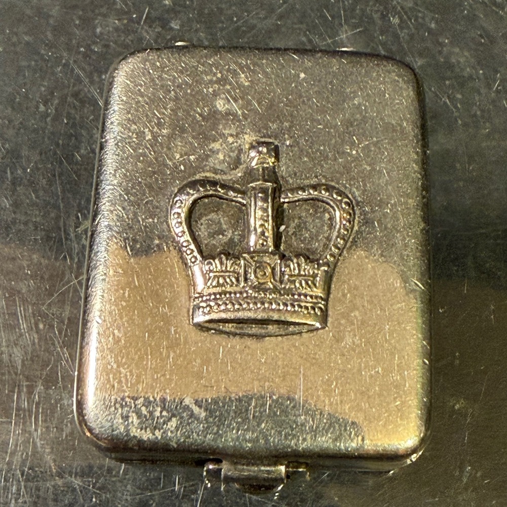 Vintage Crown Embossed Metal Pill Box Miniature Trinket Case Silver Tone